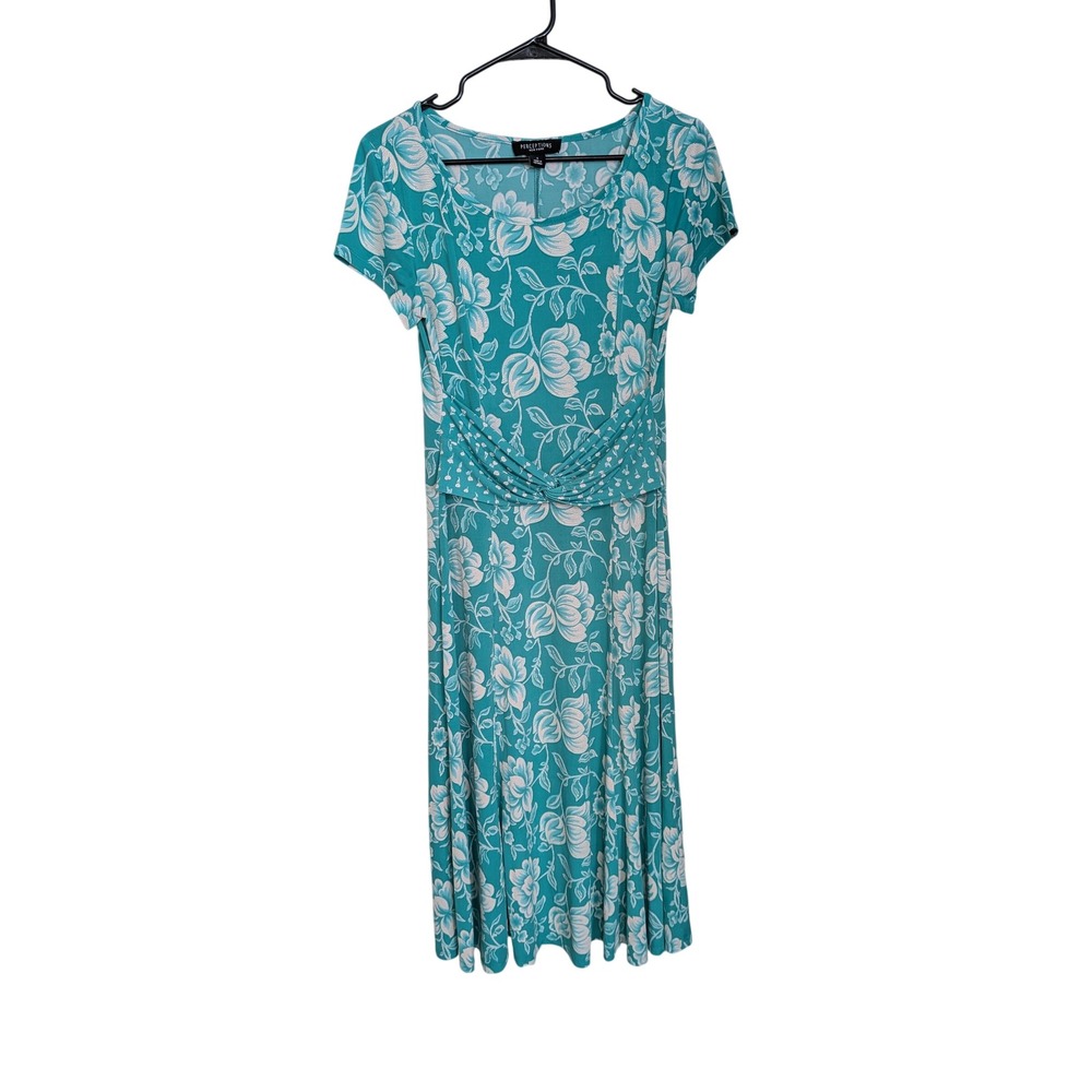 Perceptions Floral Twist Front Grandmacore Boho Midi Dress Teal White Small